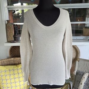 Cabincore Inhabit M Cream Waffle Thin Knit Neutral Sweater V-neck Minimalist
